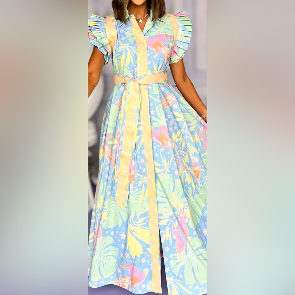 Yellow and Blue A-Line Maxi Dress with Tie Front - Picture 3 of 4
